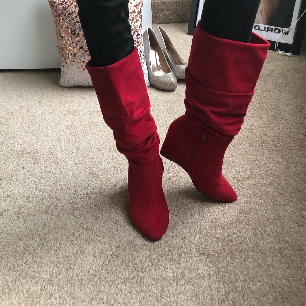 Suede red mid calf heeled boots